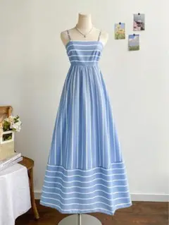 水色ストライプノースリーブロングワンピース