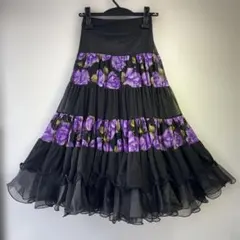 【花柄】新品 社交ダンス用裾オーガンジー 　ロングフレアスカート淡パープルｐ27 花柄】新品 社交ダンス用裾オーガンジー ロングフレアスカート淡