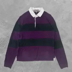 ラガーシャツ　太ボーダー　ゆったり　メンズ　パープル　コットン100% 古着