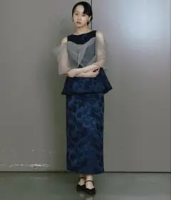 Ezick シアーシャツ ジャガードフレアスカート セットアップ 2点セット 