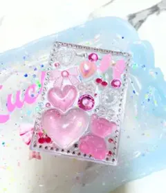 レジンデコケース　レジン　マルチケース　スケルトンケース　ピンク×ハート×リボン