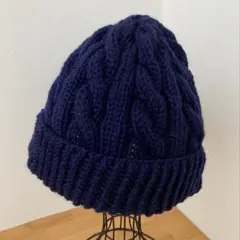 ハンドメイド　ニット帽　ネイビー　ニットキャップ　ウール100%