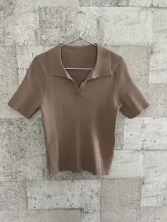【新品】ベージュ リブ編み ポロシャツ 半袖 半袖ニット