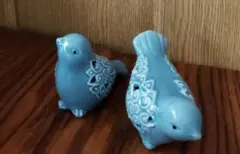 鳥の置物／陶器セラミック／ブルー系／２羽 ／鳥雑貨／６✖~８㌢程／新品