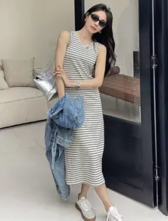SHEIN DAZY ストライプ 丸首 ノースリーブ ワンピース