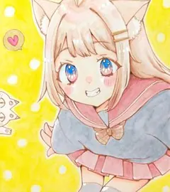 手描きイラスト　元気なネコさん　女子高生　オリジナル　アナログ　色紙　原画　水彩