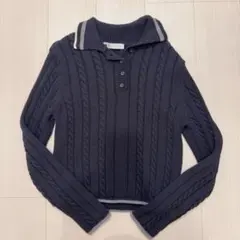 ZARA パイピングニットポロセーター　マリンブルー M