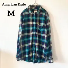 アメリカンイーグル　ネルシャツ　ブルー　М　メンズ　チェック柄　薄手　048