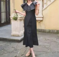 リリアンカラット フリル デニム ロングワンピース ブラック Mサイズ