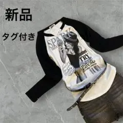 新品タグ付きY2K平成ギャル英文字ホワイトラグラン黒長袖ロンTシャツグラフィック