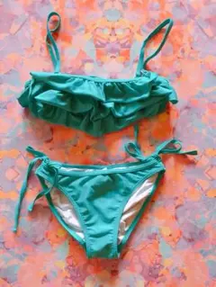 ティアードフリルでスタイルアップ！ラメ入りターコイズブルー三愛水着ビキニ