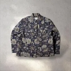 レトロ90s ビンテージ花柄ゴブラン織りスタンドカラーブルゾン総柄刺繍ブルー