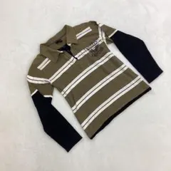 V.street ボーダー 長袖ポロシャツ レイヤード風カーキ 150