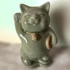 招き猫 セラドン焼き 陶器製 置物 グリーン