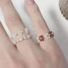 ブラウン×ベージュ ︴お花のビーズリングセット ︴No.1006