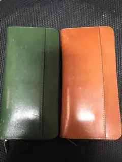 中古　グリーンとブラウンの本革レザー長財布2個セット