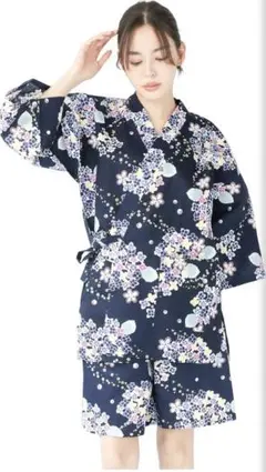 レディース 甚平 3Lサイズ 紺地紫陽花柄