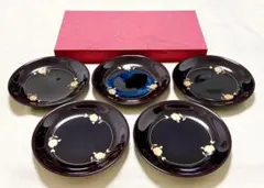 高級漆器　会津塗　溜　ライン山茶花　羽反銘々皿5枚セット