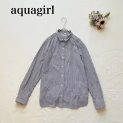 【アクアガール】長袖シャツ（M）ストライプ 英字ロゴ タイニーカラー 丸襟 綿