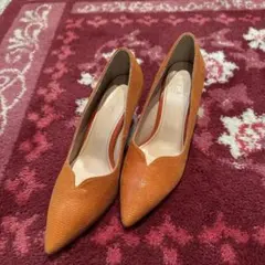 オレンジ オープントゥ 中ヒールパンプス