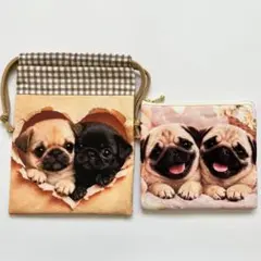 ハンドメイド　パグ　ポーチ＆巾着　2点セット