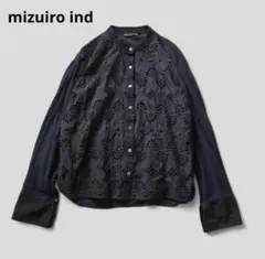 ミズイロインド　バンドカラーレースシャツ　ギカットワーク　黒