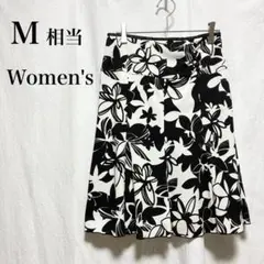モノトーン/花柄/フレアスカート/M相当/膝丈/黒/白/上品/オフィス/通勤/夏