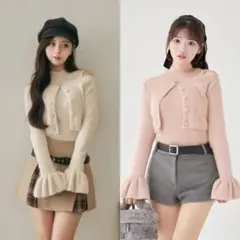 新品 アンサンブル シャギー ニットトップス ピンク グレー Darich