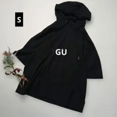 F162ꕤGU ジーユー 半袖プルオーバー パーカー【S】黒 男女兼用 フード付