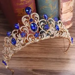 ブルー ゴールド ウェディング クラウン ヘア アクセサリー 結婚式 ティアラi