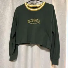 本日限定 お値下げ可 長袖 クロップド トップス グリーン ロゴ刺繍 リブ 黄色