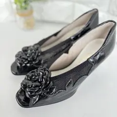 【極美品】 銀座ヨシノヤ 22 パンプス ウェッジソール メッシュ お花