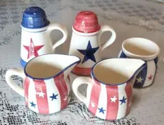 星とストライプの陶器調味料入れ5個セット　クリーマー　塩、胡椒入れ