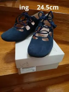 【美品】ing 紐ローヒール パンプス スエード ネイビー 24.5cmEE