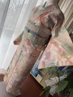 正絹 総柄訪問着 桃色×ペールグリーン×藤色×白×ゴールド 単品