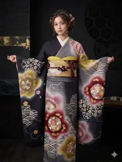 ⭐️振袖フルセット（７点）　成人式　正絹振袖　袋帯　グレー系