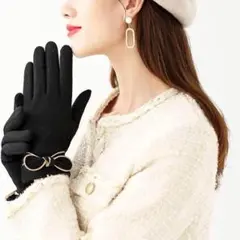 手袋リボン ブラック黒 レディース カシミヤ 韓国 裏起毛 プレゼント