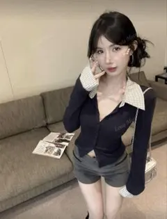 SHEIN トップス 長袖 秋 冬 スリムフィットショート ポロカラー