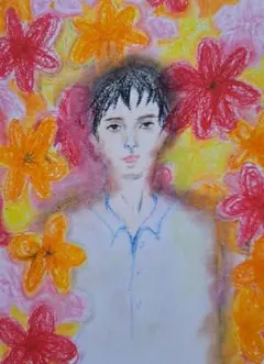 原画 クレヨン画 人物画 花 手描き B5 オリジナル