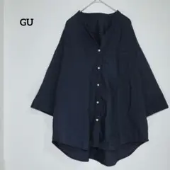 GU ジーユー ワイドスリーブ シャツ 5分袖 L ネイビー コットン混