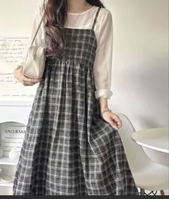 チェック柄ダブルストラップバックリボンキャミワンピ（ロング丈）　カットソーセット