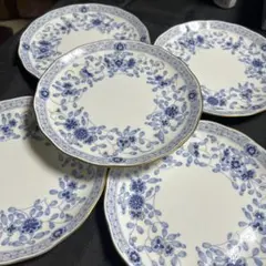 青と白の花柄の陶磁器皿　大皿 青い花と鳥の陶磁器皿 21cm うずら 白青 有田焼 夢一郎作 骨董