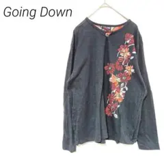 Going Down 花柄グレー長袖Tシャツ　綿100% L 襟ボタン