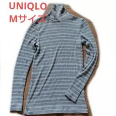 ​ユニクロ リブタートルネックTシャツ M グレー ボーダー 長袖 カットソー