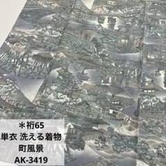 単衣 洗える着物 裄65 町風景 素敵なデザイン 小紋 化繊 AK-3419