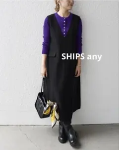 SHIPS any◆ジャージメルトン フレア Vネック ワンピース　ブラック　F