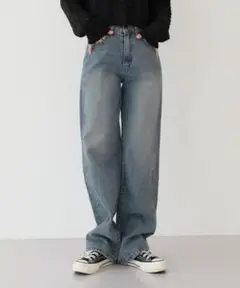 by muni:r ミディアムブルー ワイド デニム パンツ S