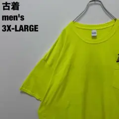 古着 GILDAN Tシャツ 企業ロゴ 胸ポケ ビッグサイズ 蛍光イエロー3XL