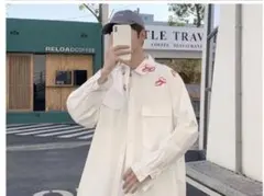 オーバーサイズ シャツ メンズ 長袖 白シャツ ストリート カジュアル キス柄