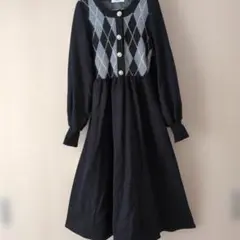 JINDUDU アーガイル柄パールボタンワンピース　ブラックMサイズ